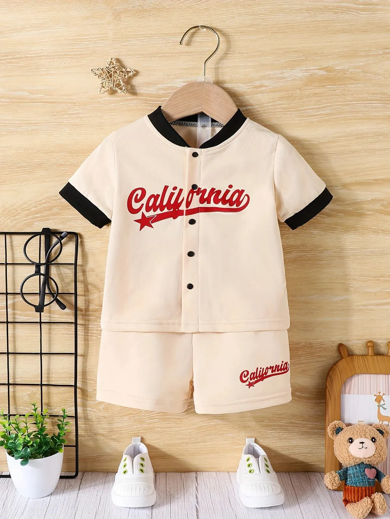 2-Piece Summer Baby Boy Trend Short-Sleeved Baseball Jacket Cardigan + Casual Shorts Outdoor Sports Comfortable Fashion Suit