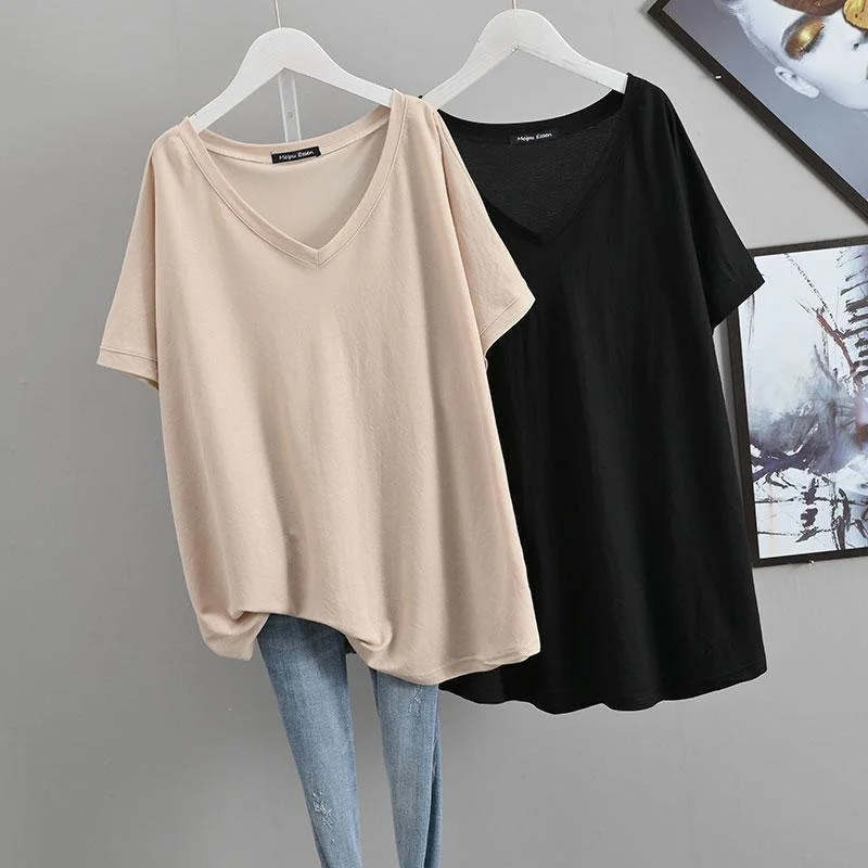 

plus Size V-Ne ort Sve T-irt Women's Summer Loose Fit Concealing Korean Sle Pure Color Versatile Casual Top