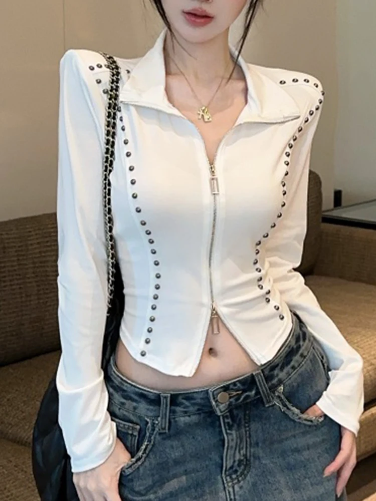 엘리 리벳 라인 스탠드 칼라 롱 슬리브 오픈 가디건 여성용 가을 더블 지퍼 슈퍼 아름다운 유니크 프렛 탑
