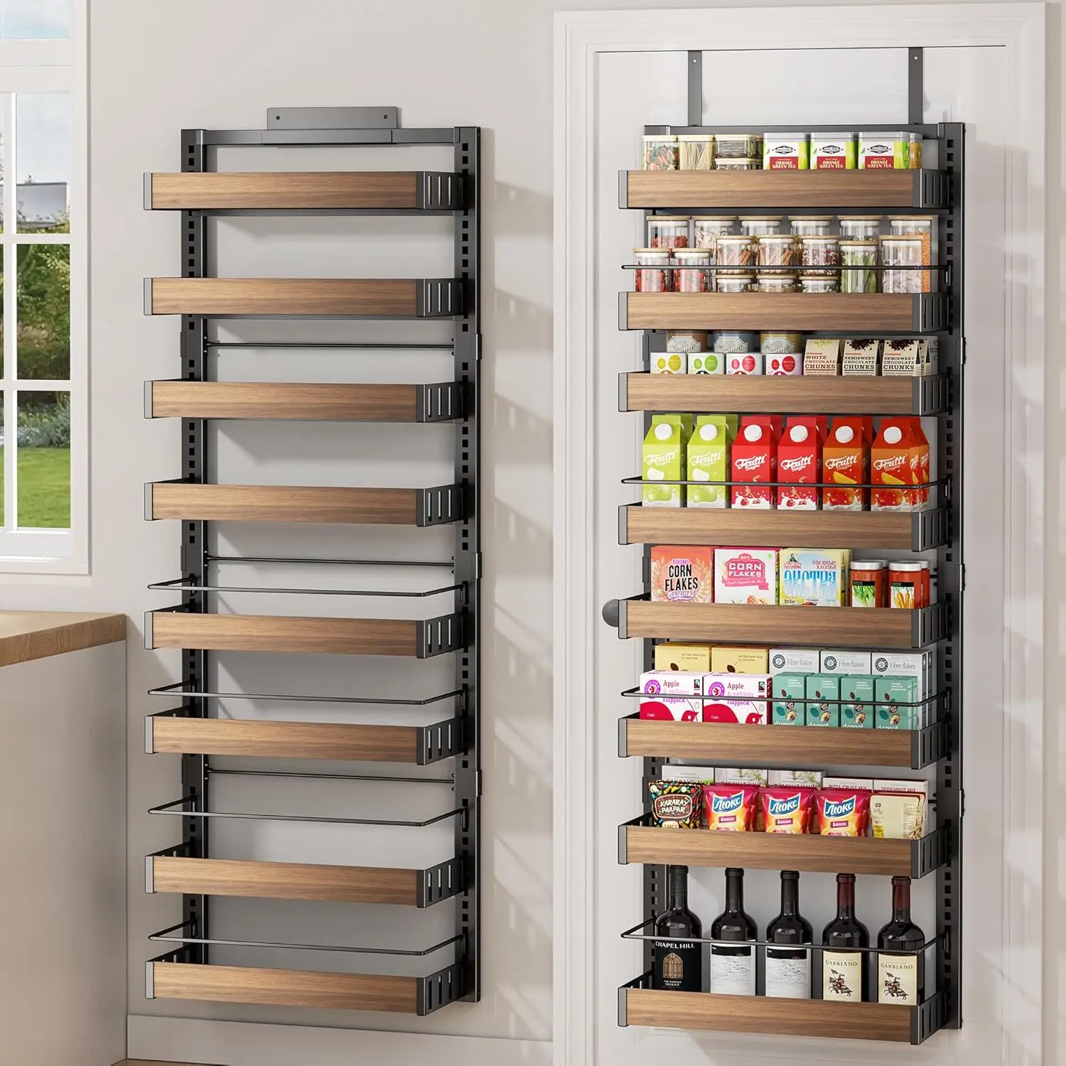 

8 Tier Over The Door Pantry Organizer, 2 IN 1 Wall Mount or Hanging Spice Rack Seasoning Shelves with Adjustable Basket