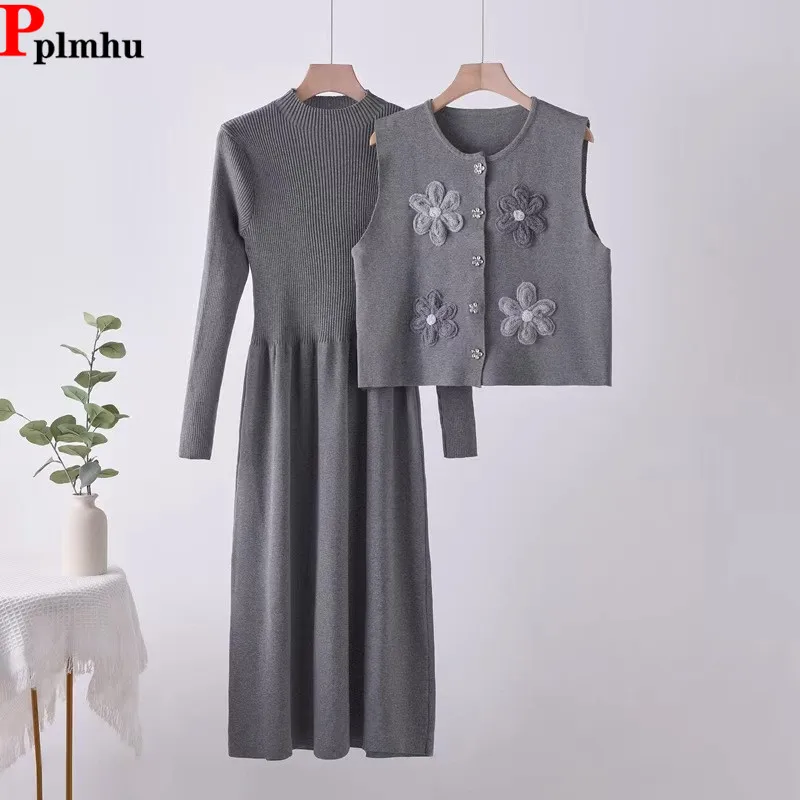 Otoño Invierno tejidos nuevos conjuntos de 2 piezas mujeres cuello redondo solo pecho chaleco sin mangas Tops Conjuntos de manga larga vestido ajustado traje