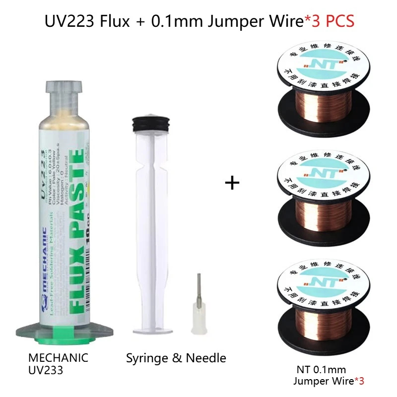 MECHANIC UV223/UV559 Lötflussmittel-Set mit Spritze + RELIFE BGA-Schablone oder 0,1mm Jumper-Kabel für PCB-Handy-Reparatur