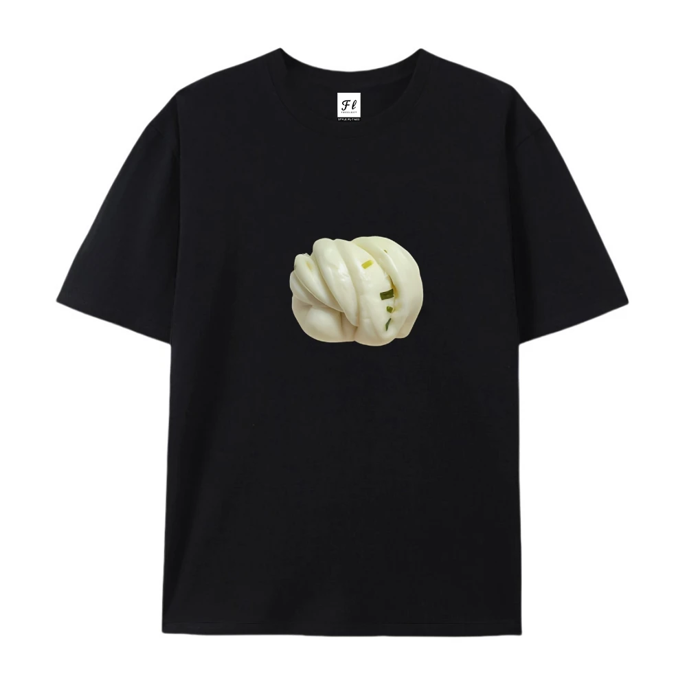 Women Clothes Steamed Tee Traditional Chinese Huajuan Print Handmade Dough Art Unisex Cotton Top Breakfast Street Food Style