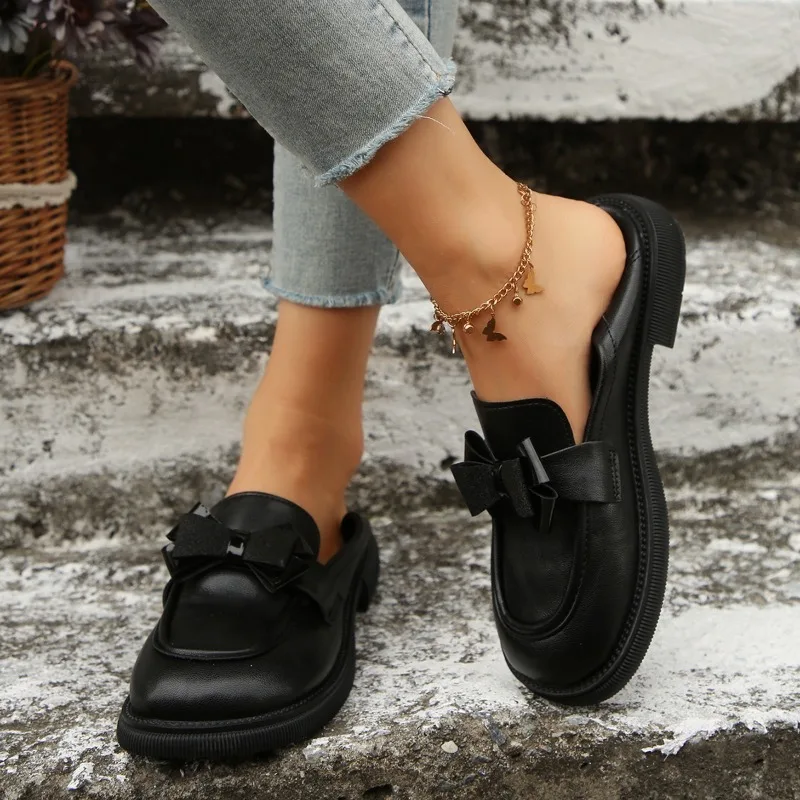 أحذية نسائية منخفضة الارتفاع 2025 للربيع والخريف بفيونكة كلاسيكية مزخرفة باللون الأسود متعددة الاستخدامات ونعل مسطح غير رسمي أحذية بدون كعب مريحة Traf #5