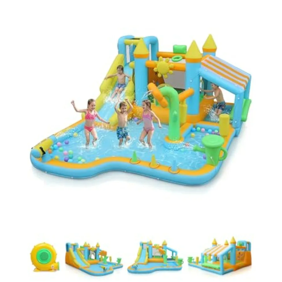 

Backyard water slide for kids 3-8: inflatable bounce house with flower sprinkler, PVC material, blue and yellow, 10-in-1 fun wi