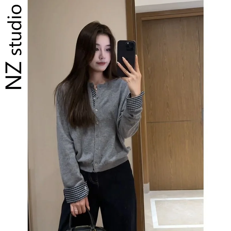 

Вязаный кардиган с длинными рукавами и цветными блоками в сетку в стиле пэчворк, женский весенний топ