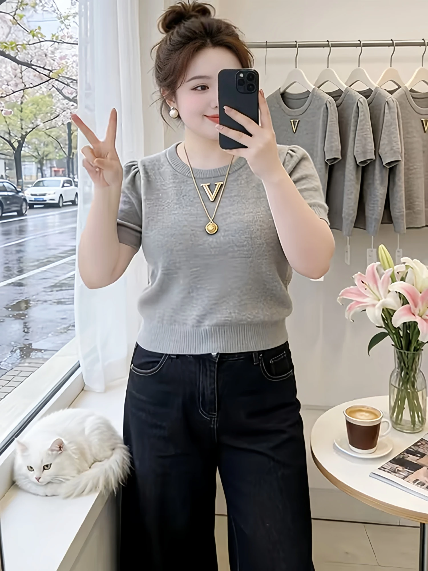 Gray Letter Accessories Lazy Feel Short Sleeve Knitted Shirt Women's Summer Beautiful High Intelligence Top Casual Style Loos...