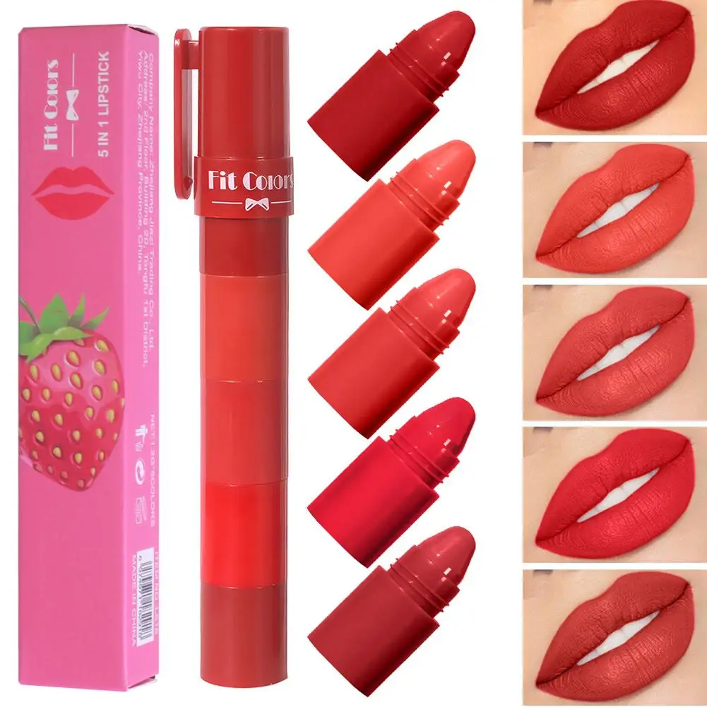 5 In 1 Matte Lipstick Multicolored Matte Lipstick Crayon Kit Red Purple Lip Tints, Velvet Finish, Long-Lasting Lip Makeup