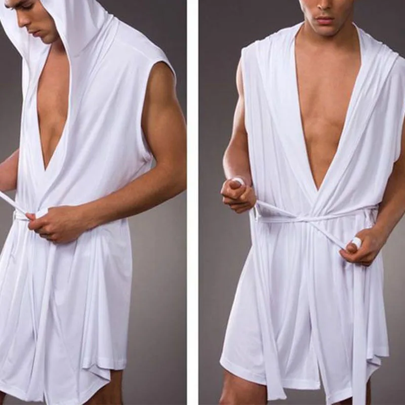 Men Summer Bathrobe Silky Hooded Sleeveless Bathrobe Sleepwear Pajamas Without underwear