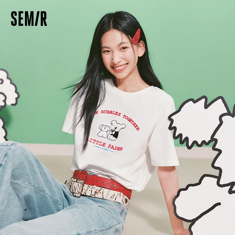 Semir Women Tshirt Cotton Funny Embroidered Casual Fashion Versatile Basic Top 2026 Summer Simple Daily Comfort Wear