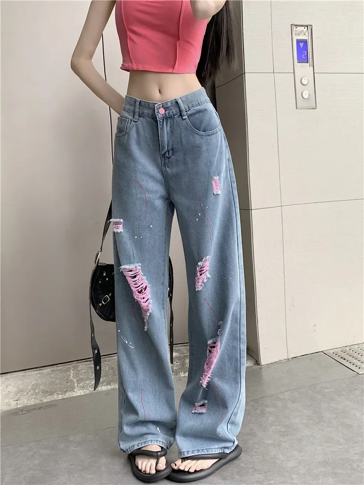 

Girl Torn Jeans Women's Summer High Waisted Pink Ripped Loose Draped Demin Wide Leg Pants Fashion Casual Female Clothes