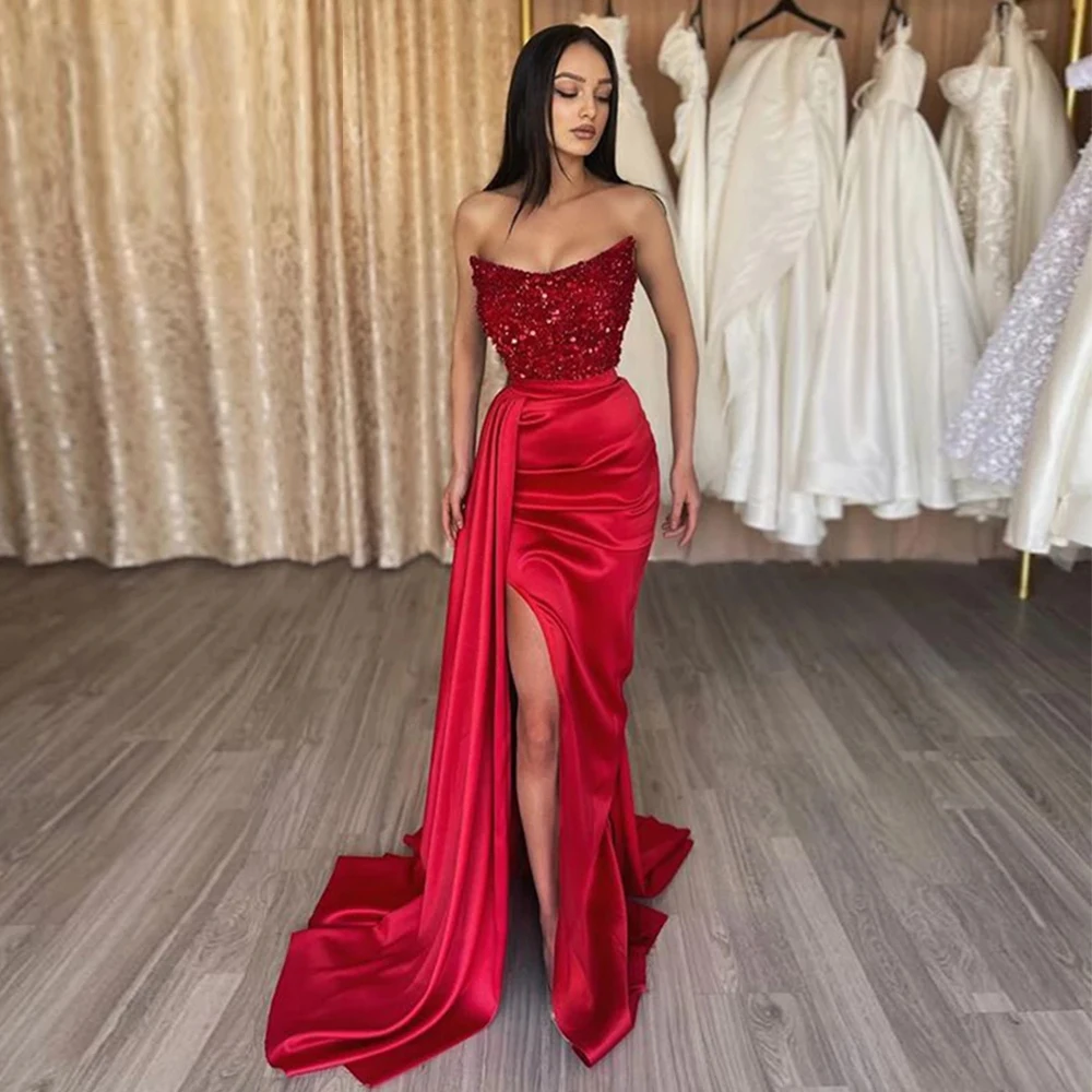 

GUXQD Red Long Mermaid Prom Dresses Strapless Sleeveless Arabic Dubia Evening Gown Formal Side Slit Party Robes De Soirée