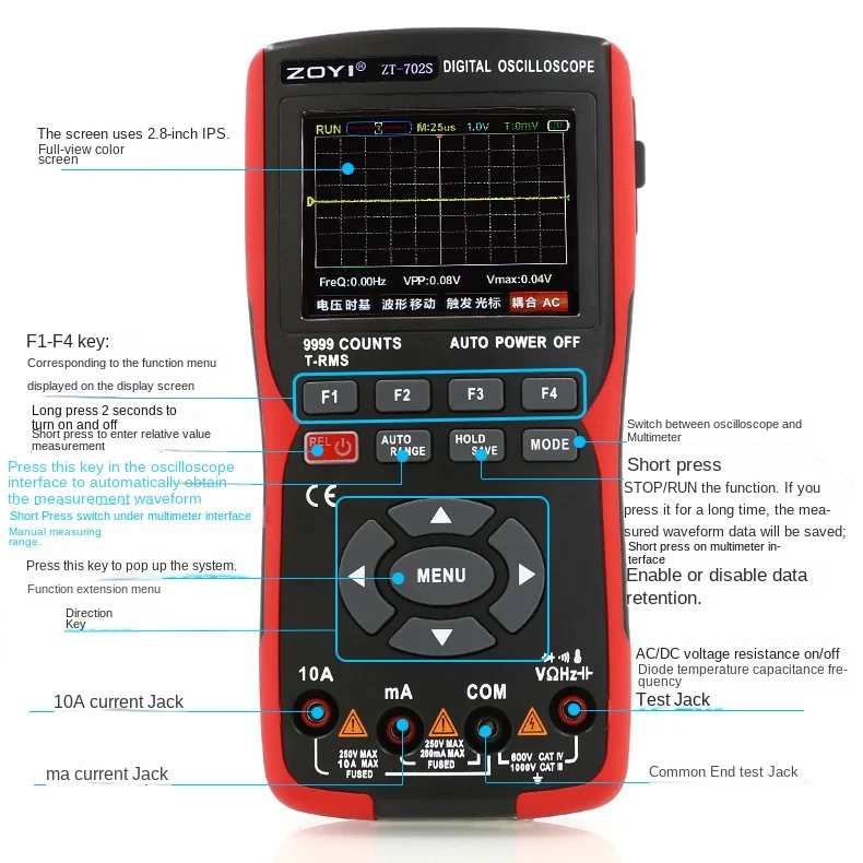 ZT-702S Digital Multimeter Oscilloscope Professional Electrician Tester Voltmeter Current Hz Cap Ohm Meter Handheld Oscilloscope