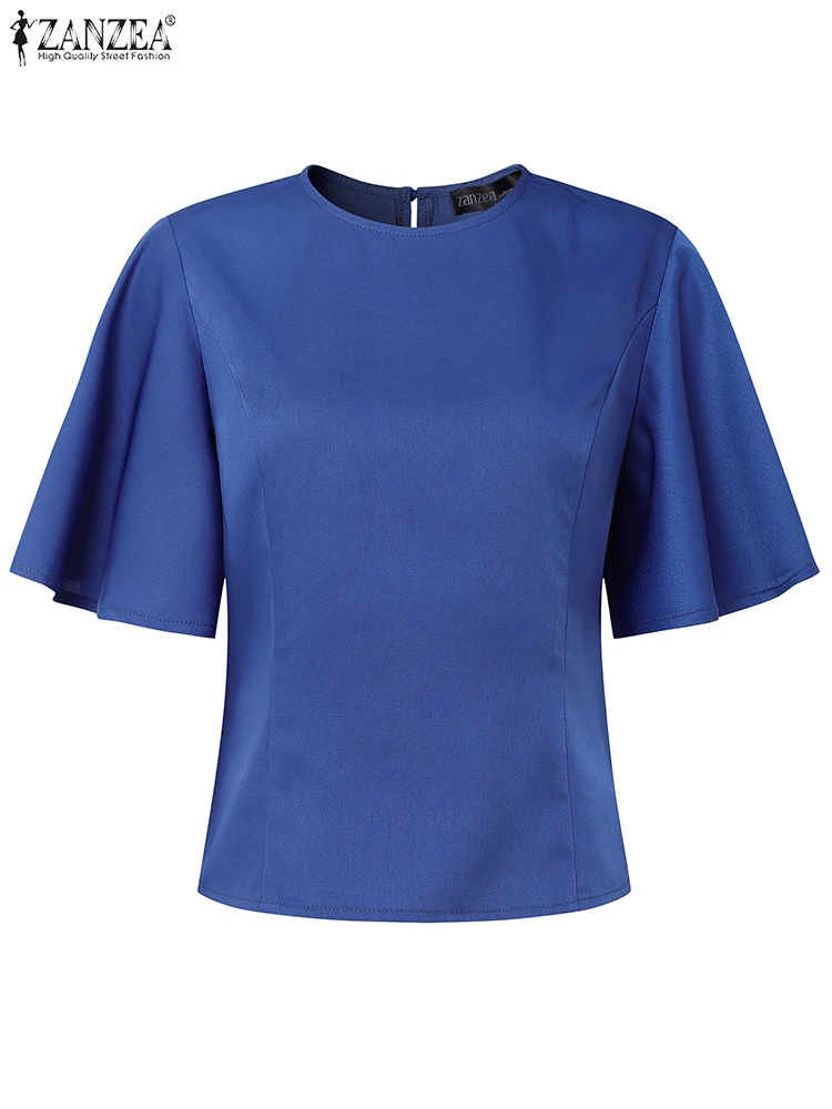 ZANZEA Mode Elegante Frauen Büro Dame Bluse 2025, Sommer Shirts Kurzarm Einfarbig Tunika Tops Rüsche Hülse OL Blusas