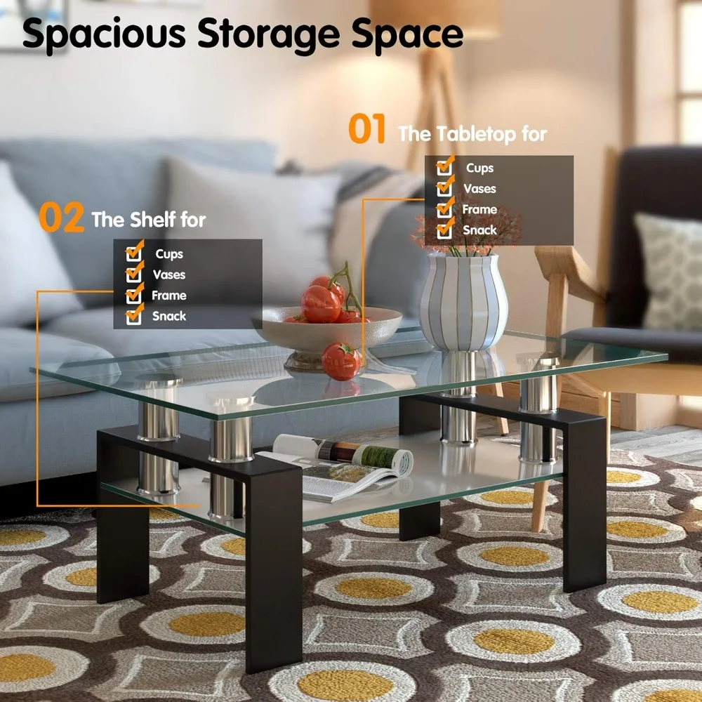 Rectangular Glass Coffee Table, Modern Side Coffee Table w/Lower Shelf, Tempered Glass Tabletop & Metal Legs
