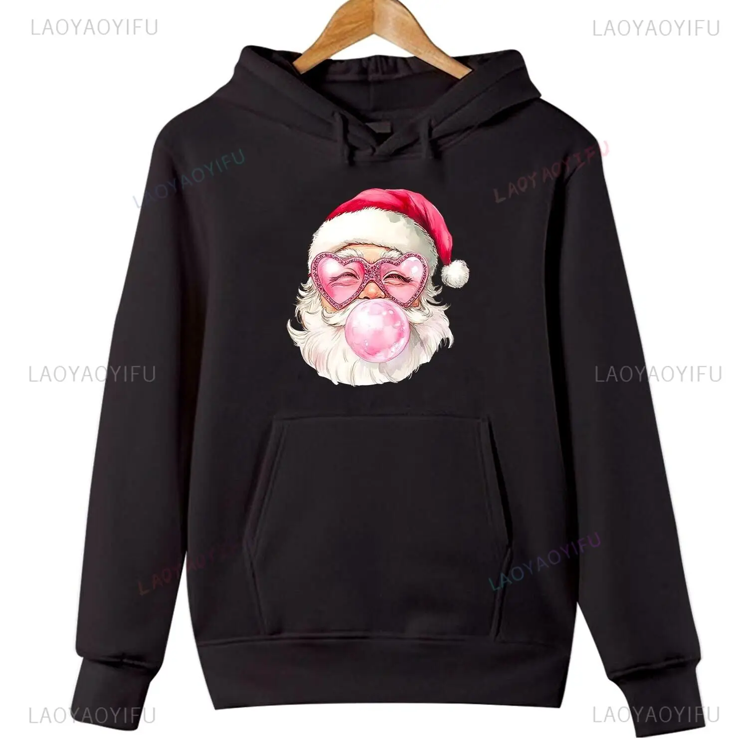 Pink Santa Claus Bubble Gum Christmas Funny Xmas Ladies Hoodies Autumn and Winter Drop Shoulder Warm Woman Man Long Sleeve