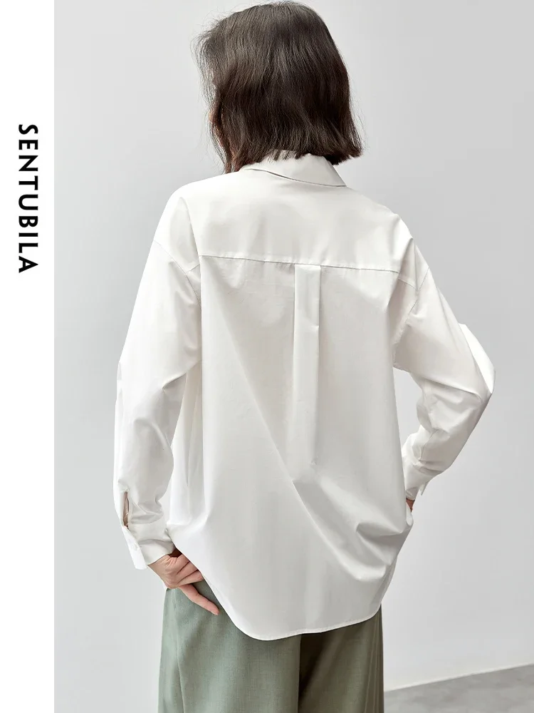 SENTUBILA Women Casual Lyocell Shirt 2024 Autumn Art Printing Turn Down Collar Loose Simple Blouse Tops 143C56911