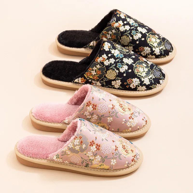 

Embroidery Flowers Chinese Style Women Man Slippers Winter Short Plush Female Slippers Soft Bottom Anti Slip Woman Indoor Shoes