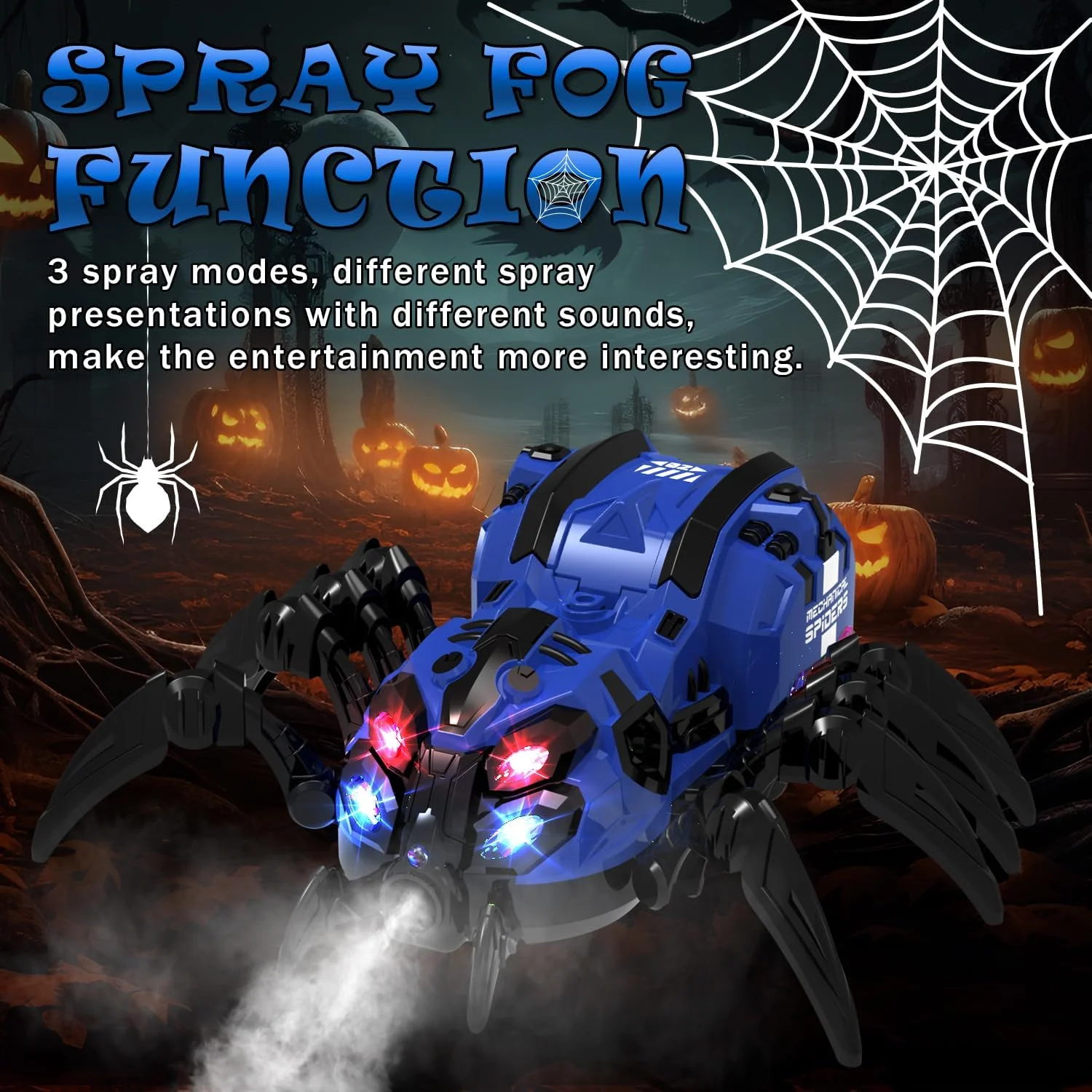 ABS RC Mechanical Spider Toy With USB Cable, Blue Spray Fog LED Music Remote Control Robot For Halloween Christmas Kids Gift