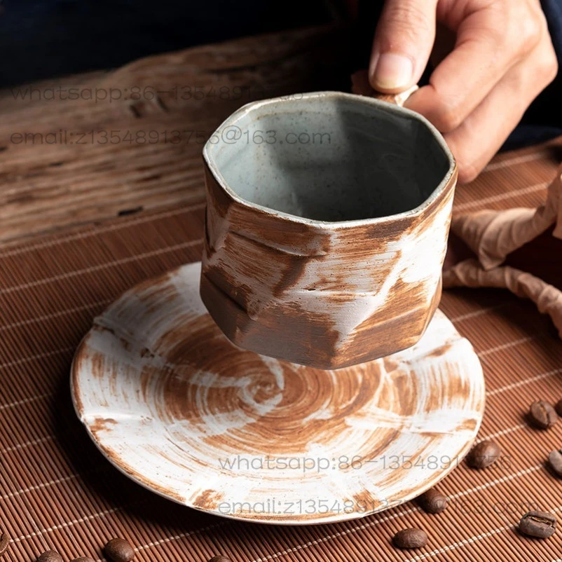 Japanese-style Ancient Pottery Espresso Cup Set, Household Kiln-changed Ceramic Retro Mug, Handmade Cup with Saucer