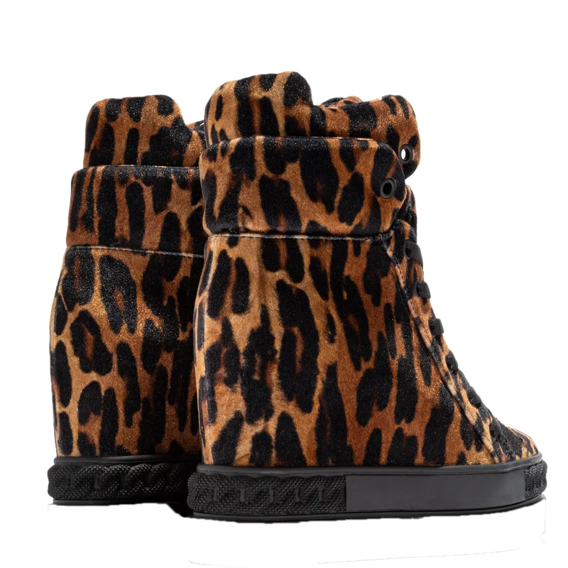 Leopard horsehair Inner Wedge Ankle Boots Rim Rubber Sole Height Increasing Femme Hidden Wedge High top Real Leather Sneakers