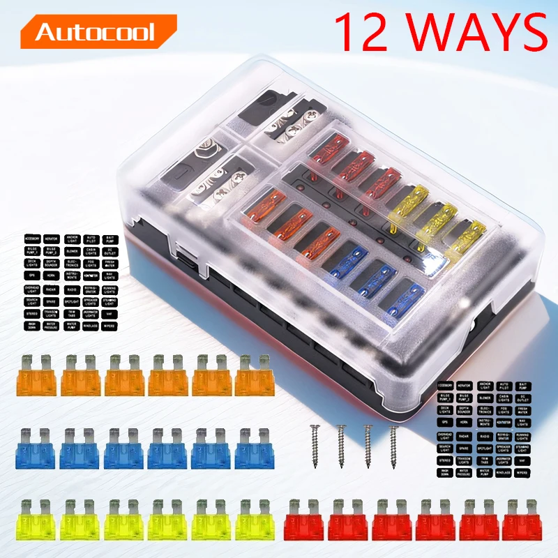 12 Ways Blade Fuse Block 12V 32V Fuse Box Holder M5 Stud With LED Indicator Light For Auto Car Marine