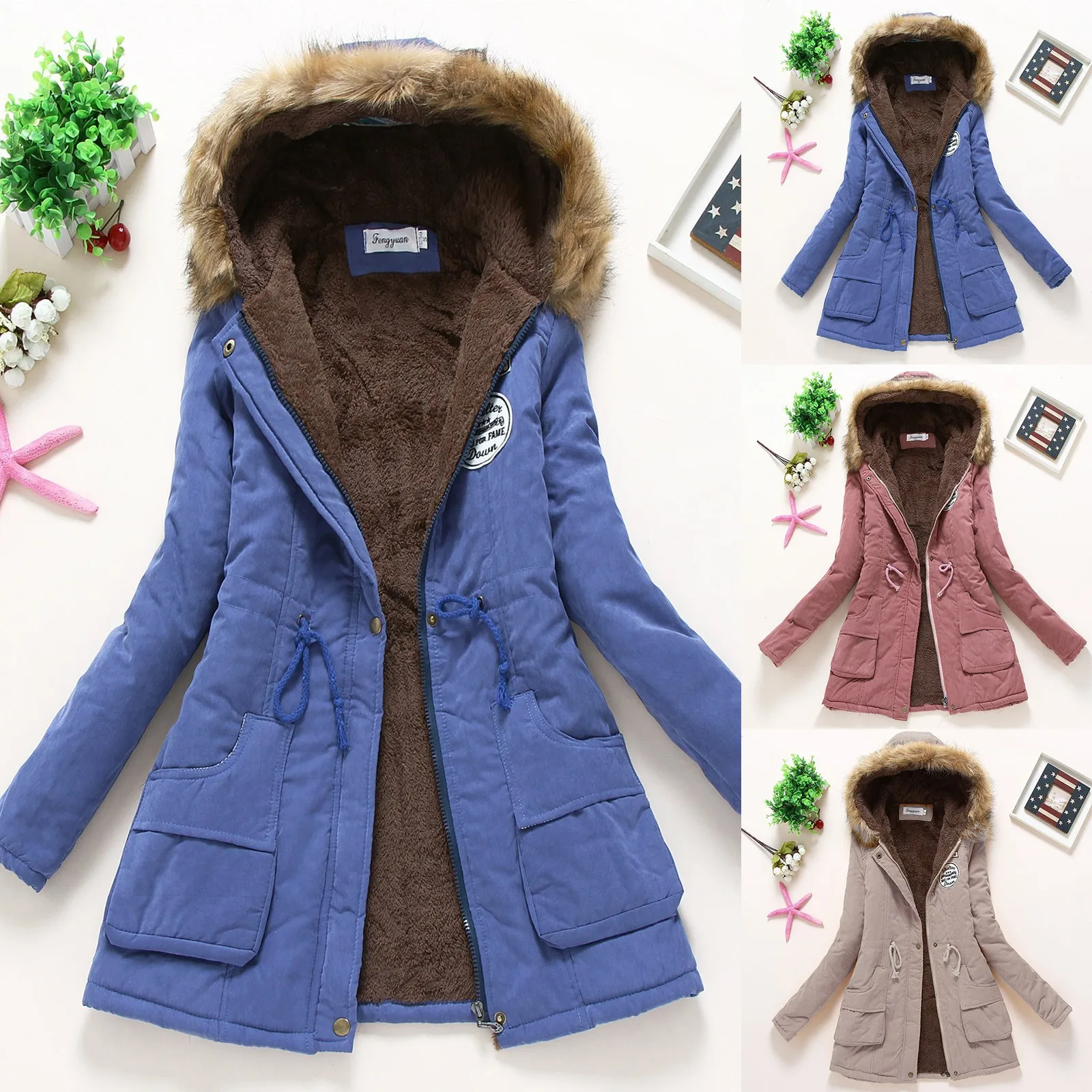 Fashion Retro Mid Length Overcoats Women's Lambswool Lined Warm Drawstring Waist Thickened Jacket Windproof Trench Parkas