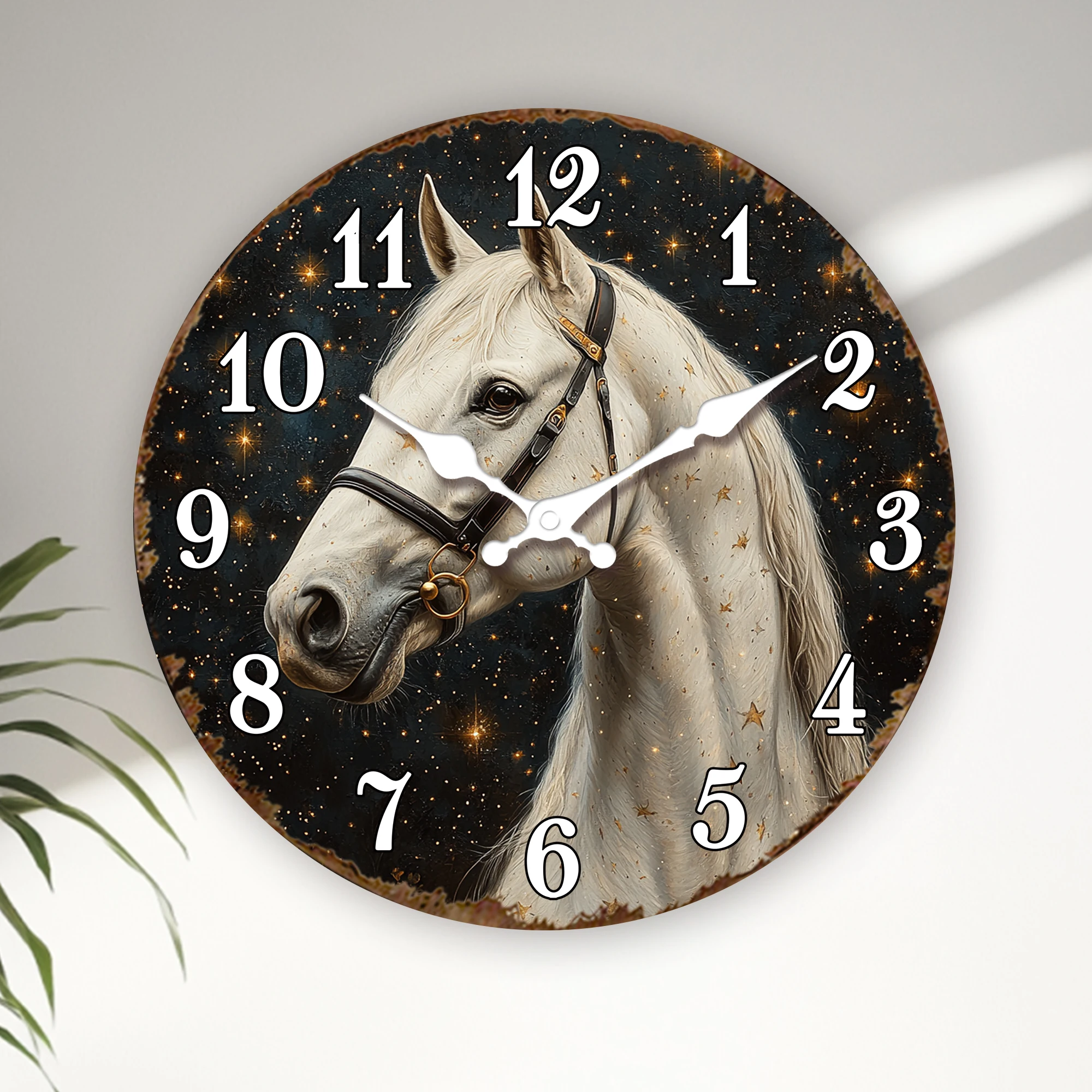 White Horse Head in Starry Night Wall Clock - Elegant Equine Portrait Design - Silent Non-Ticking Celestial Decor Timepiece