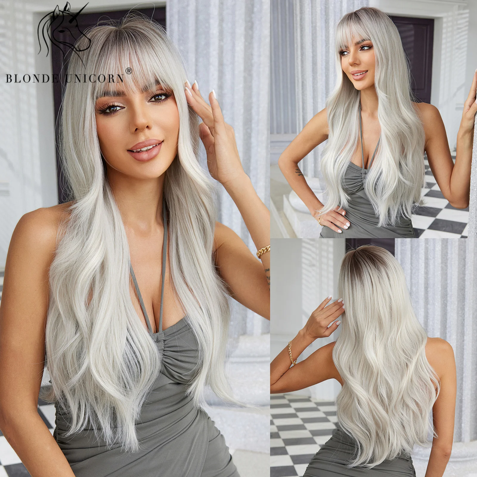 

Blonde Unicorn White Synthetic Wigs for Women Long Wavy Wigs with Bangs Daily Cosplay Party Use Heat Resistant Fiber Hair