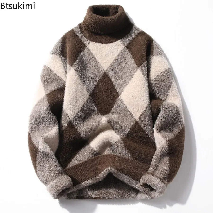 2024 Men Sweaters Winter Plush Thicken Warm High Collar Knitted Pullover Sweaters Male Korean Style Personalized Casual Sweaters