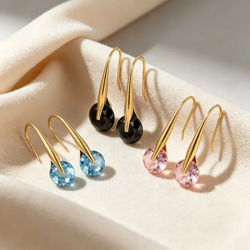 Minimalist Wire Drop Earrings Stainless Steel Round Muti Color Zircon Sparkling Dangle Ear Jewelry for Daily Party Wedding