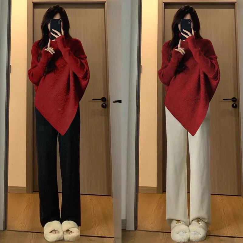 Women Pullover Fashion Sweater Long Sleeve Irregular High Collar Casual Basic Soft Simple Knitted Basic Chic Solid Tops New