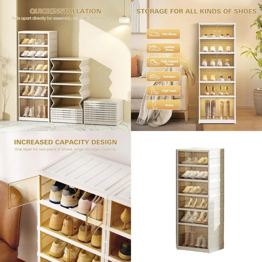 

12-Tier Foldable Shoe Rack with Magnetic Doors, Compact Shoe Organizer for Entryway, Easy Assembly Plastic Shoe Storage