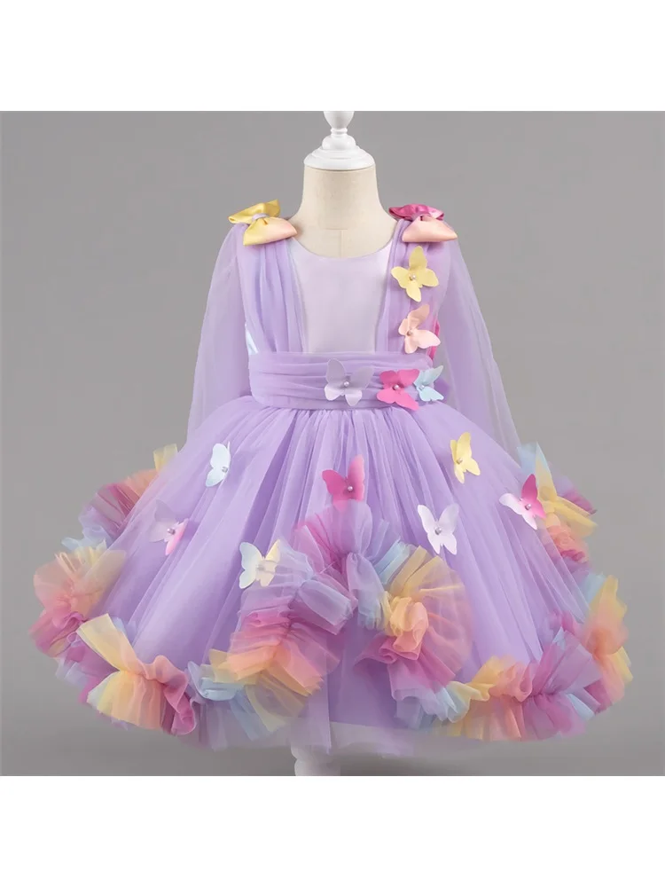 Wedding flower girl dress, with butterfly appliqué,made of breathable mesh fabric, also suitable for birthday party performances