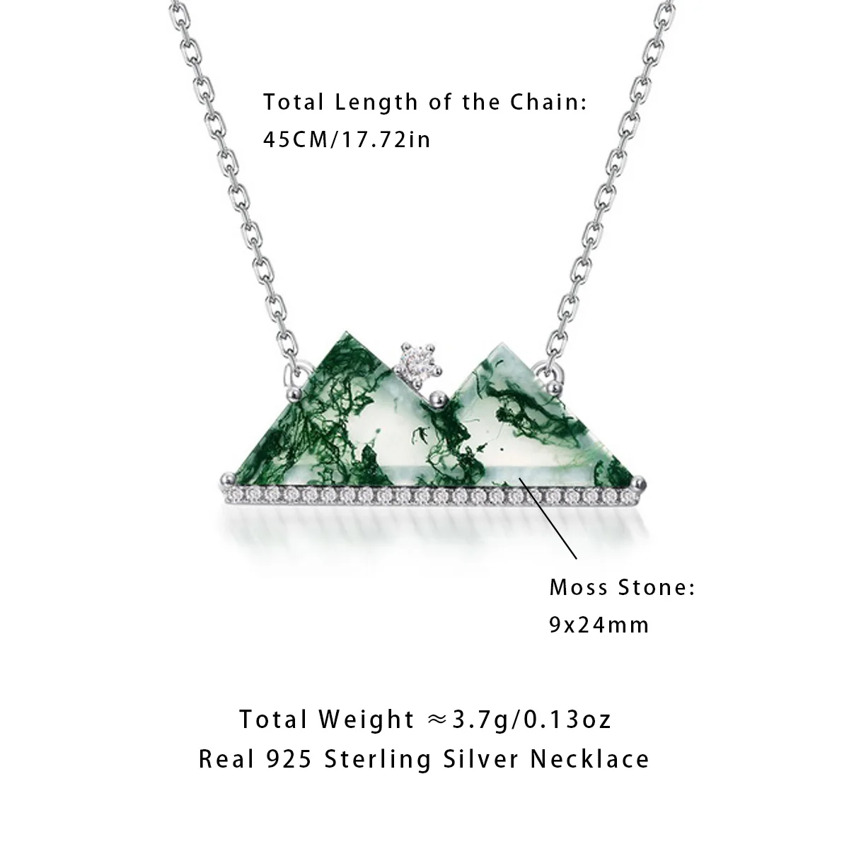 

AliMoss 9*24mm Green Moss Agate Mountain Necklace 925 Sterling Silver Cubic Zircon Pendant(18+2in) for Women Anniversary Gifts