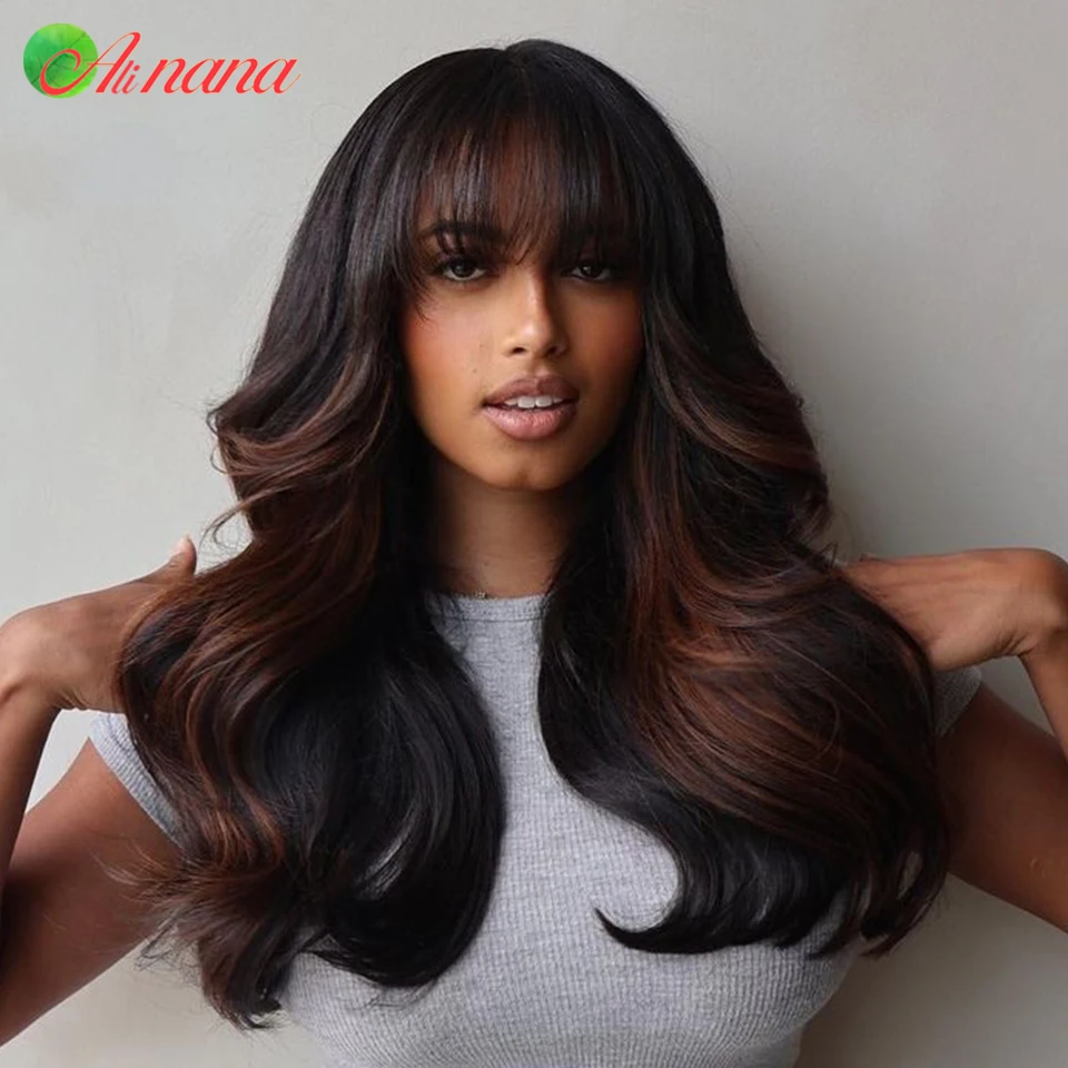 Highlights Brown Colored Fringe Style Human Hair Wig Body Wave 5x7 Lace Closure Wig 13x6 Lace Front Wig With Bangs 200% Density