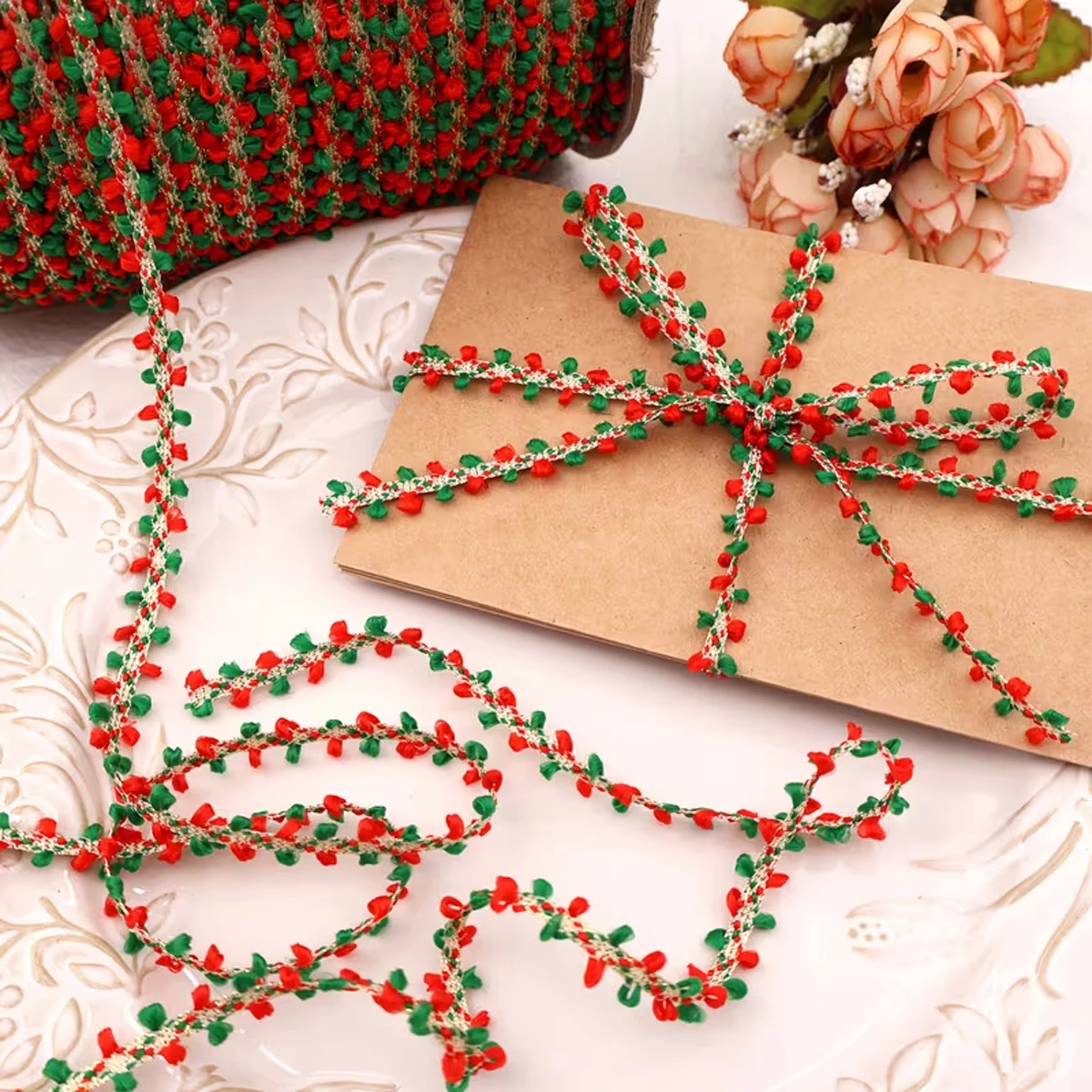 Red Green Pom Pom Ribbon - Christmas New Year Wedding Party Decor, Polyester Craft  for Gift Wrapping Floral DIY