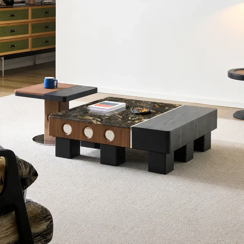 Modern Stone and Wood Coffee Table Set Movable Tea Table for Living Room Small Apartment Home Furniture