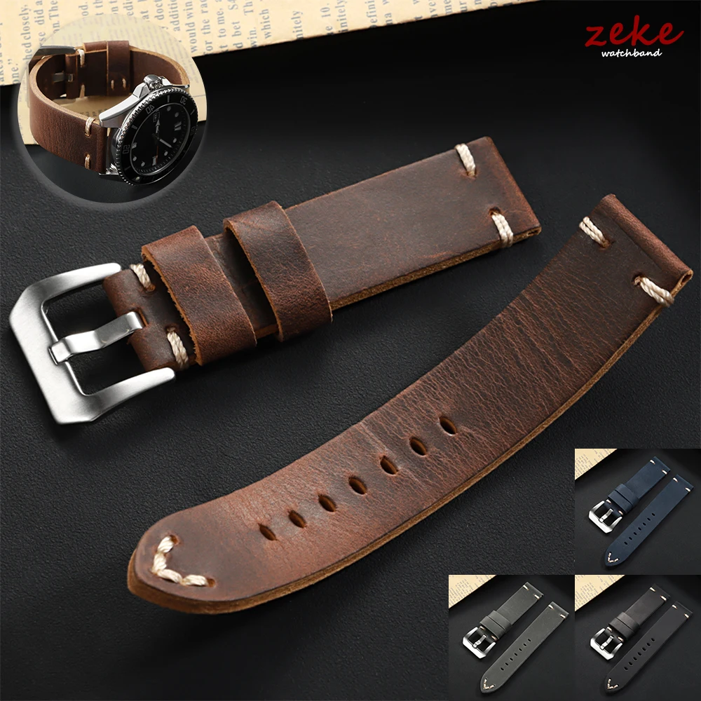 

Vintage Genuine Leather Strap Soft Stitching Cowhide Watch Band Crazy Horse Calfskin Bracelet Universal Men's Business Wristband