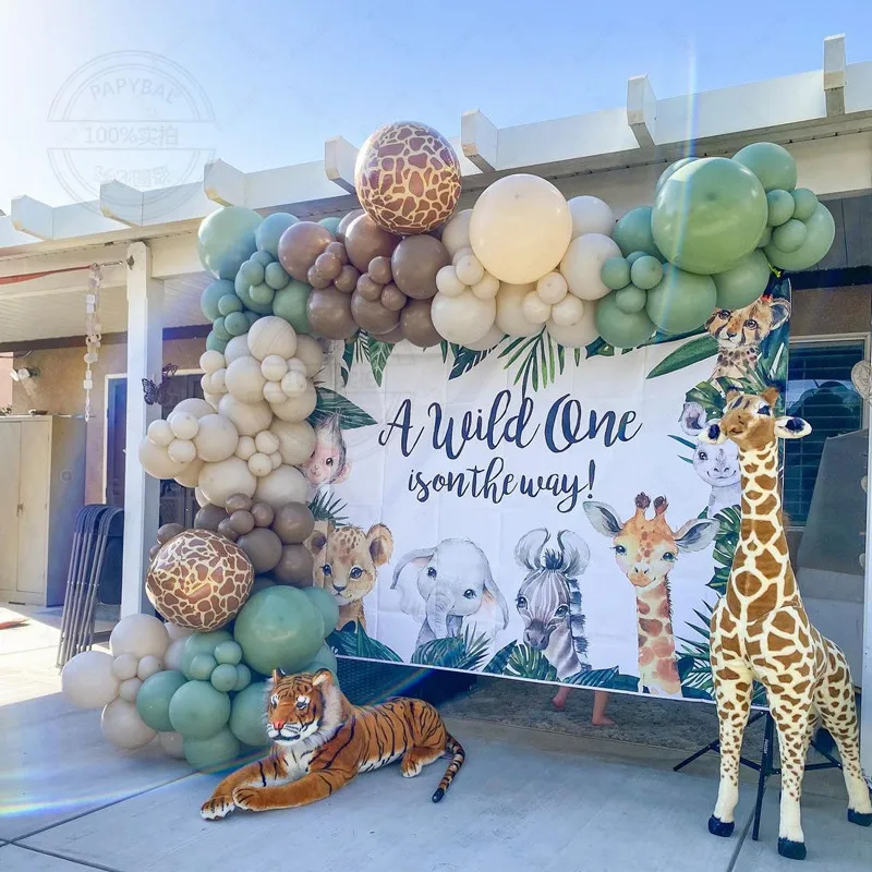 112Pcs Animals Leopard Giraffe Theme Latex Balls Garland Kit Green Vintage Outdoor Baby Shower Wedding Birthday Party Decoration