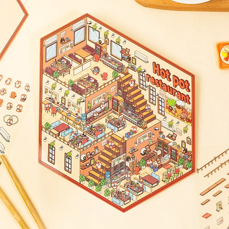 3D Cottage Children'S Hand Account Stickers Collage Miniature Landscape Stickers DIY Scrapbook Photo PET Notebook Stickers