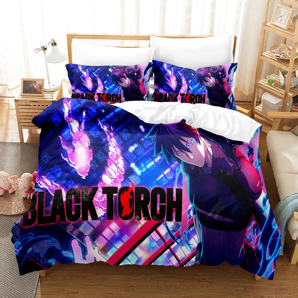 Black Torch Anime Bedding Set 3pcs Duvet Cover + 2 Pillowcases Cartoon Print Bedroom Decor For Teen Fan Gift Home Textile