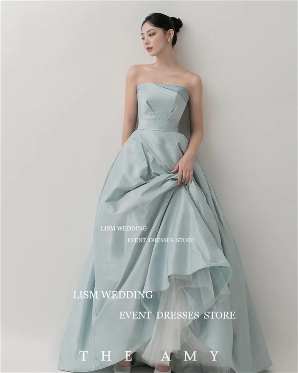 LISM Lake Blue Satin Evening Dresses Photos Shoot Sleeveless Prom Formal Party Gown Floor Custom Made Backless Reception Dress