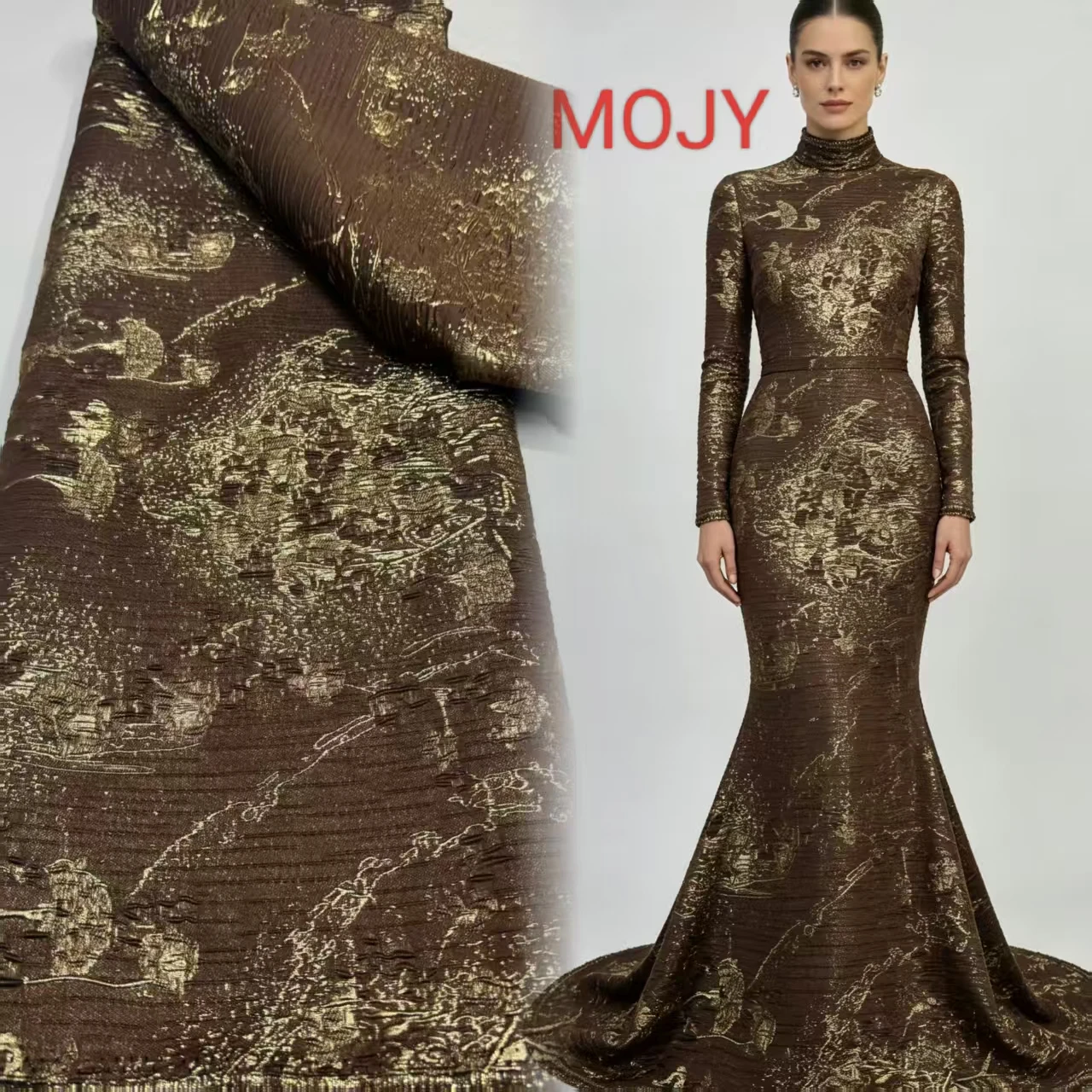 Brown Gold Landscape Metallic Jacquard Brocade Fabric Textured Cloth For Women Party Dress African Gown Sewing Material