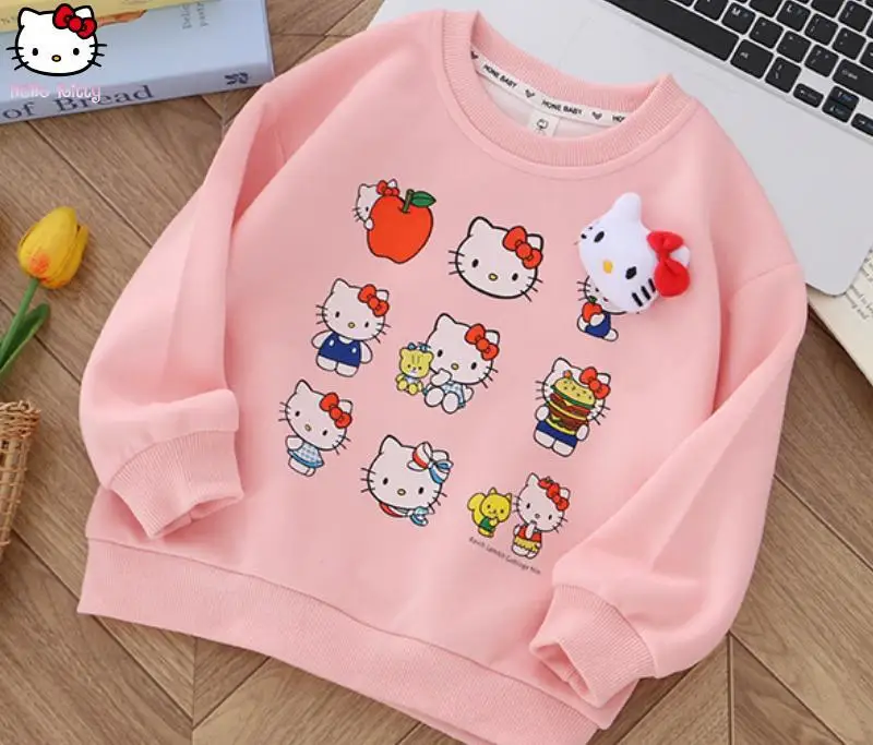 

Футболка с длинными рукавами с героями мультфильмов для девочек «Hello Kitty», толстовка в стиле аниме, осенняя новая детская одежда Kawaii, модная основа с принтом Sanrio