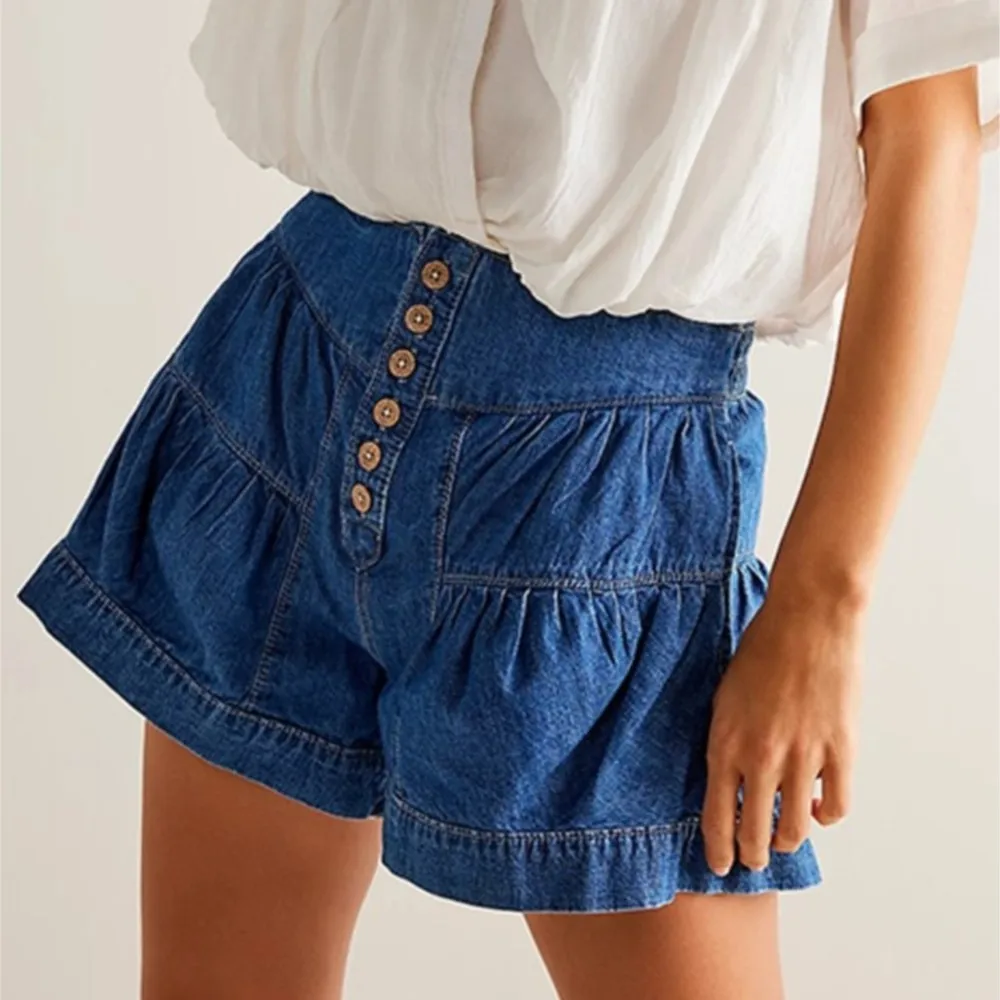 الصيف النساء الجينز أنيقة غسلها الدنيم السراويل عالية الخصر فضفاض الكشكشة التنقل بلون ألف خط زر الديكور كل مباراة