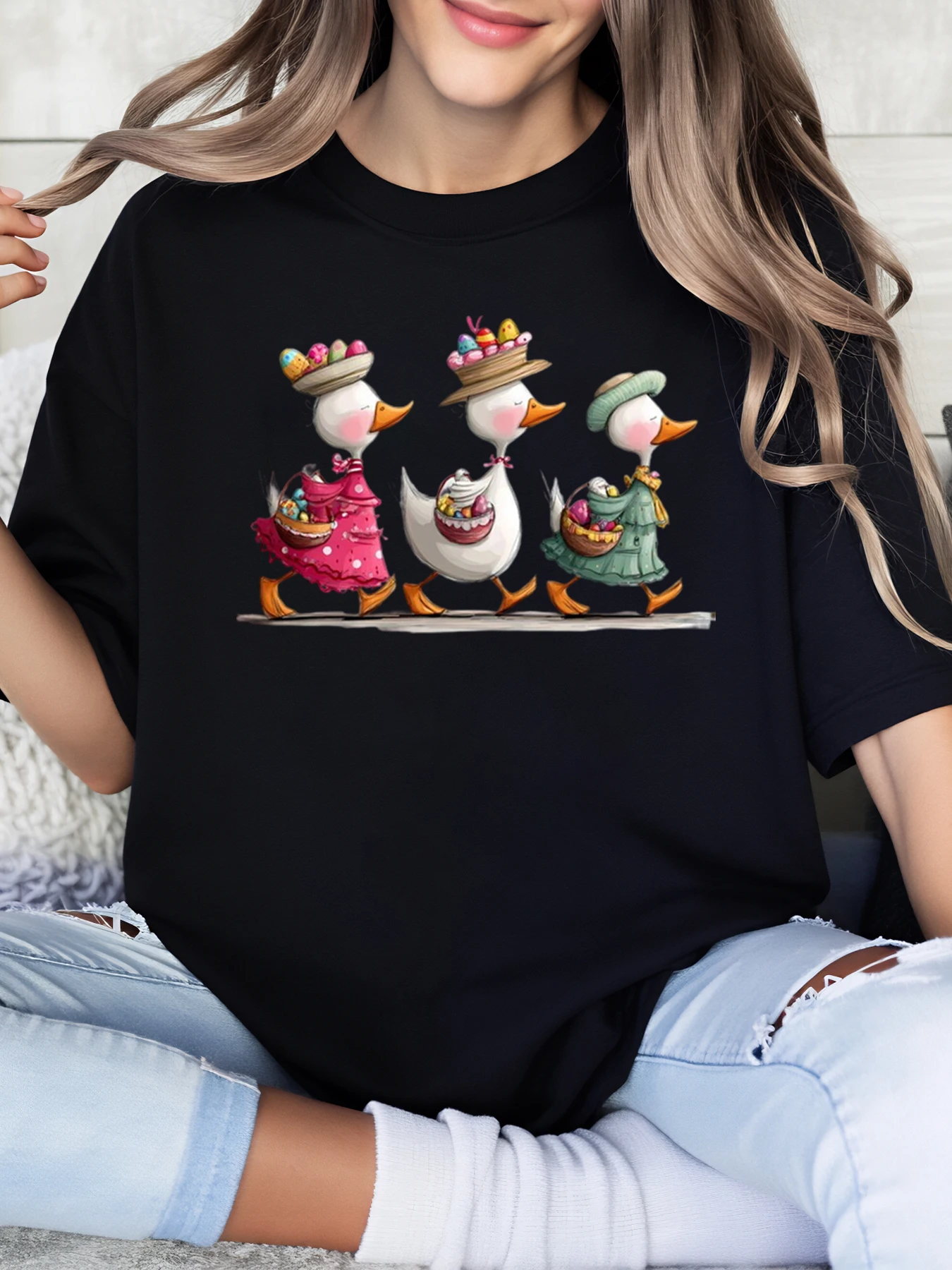 Canards de pâques avec chapeaux et oeufs imprimé T-Shirt de pâques femmes tenue décontractée pour le Festival du printemps noir grande taille