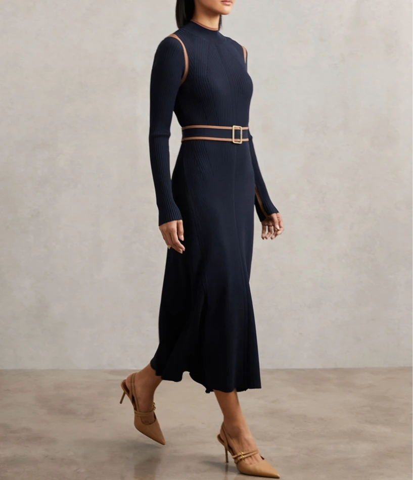 Original Boutique Colourblock Rib-Knit Midi Dress in Navy/Camel XS-L