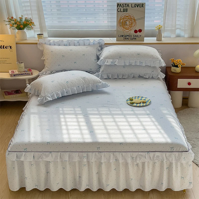 1pc Bowknot Printed Bed Skirt with Ruffles Queen/King Size Simple Style Bedsheet with Skirts Skin-friendly Bed Skirt 침대스커트