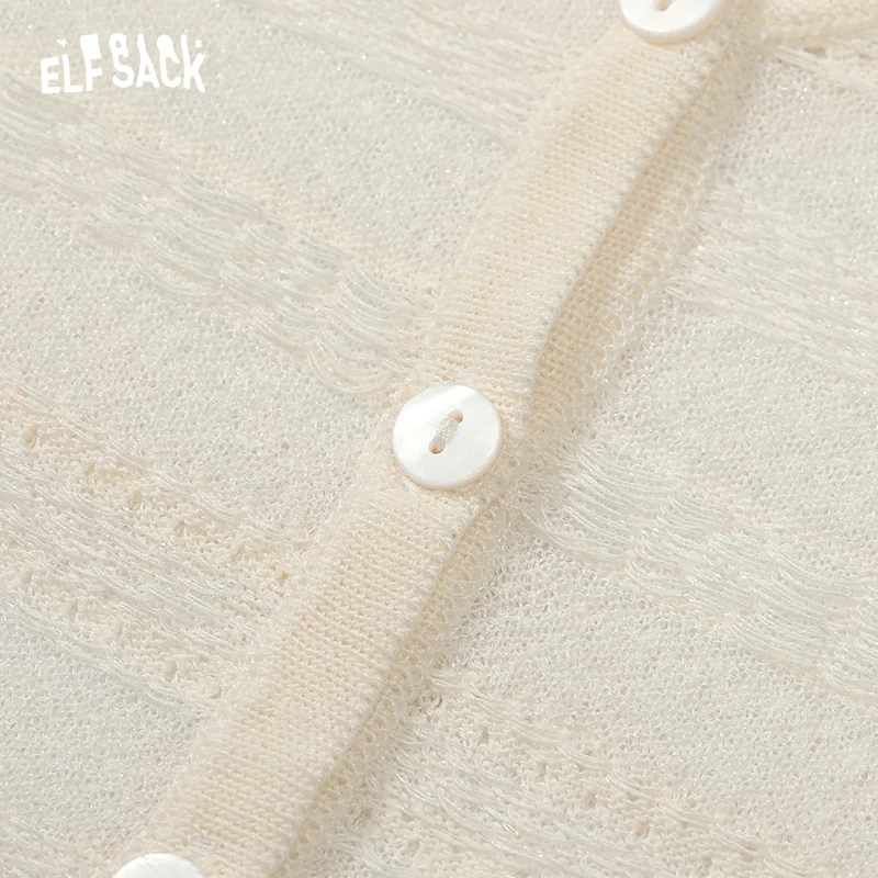 ELFSACK 2024 summer new arrival White V-neck hollow knitted stripes translucent buttons all-match light air-conditioning cardiga